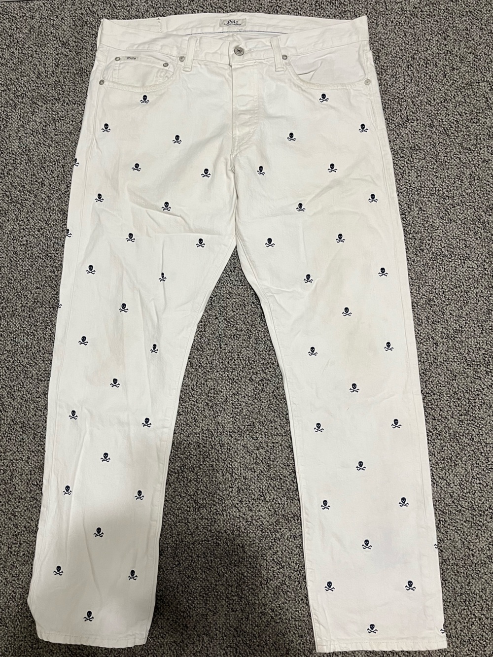 Polo Ralph Lauren White Pants with Navy Skull & Bones Embroidery